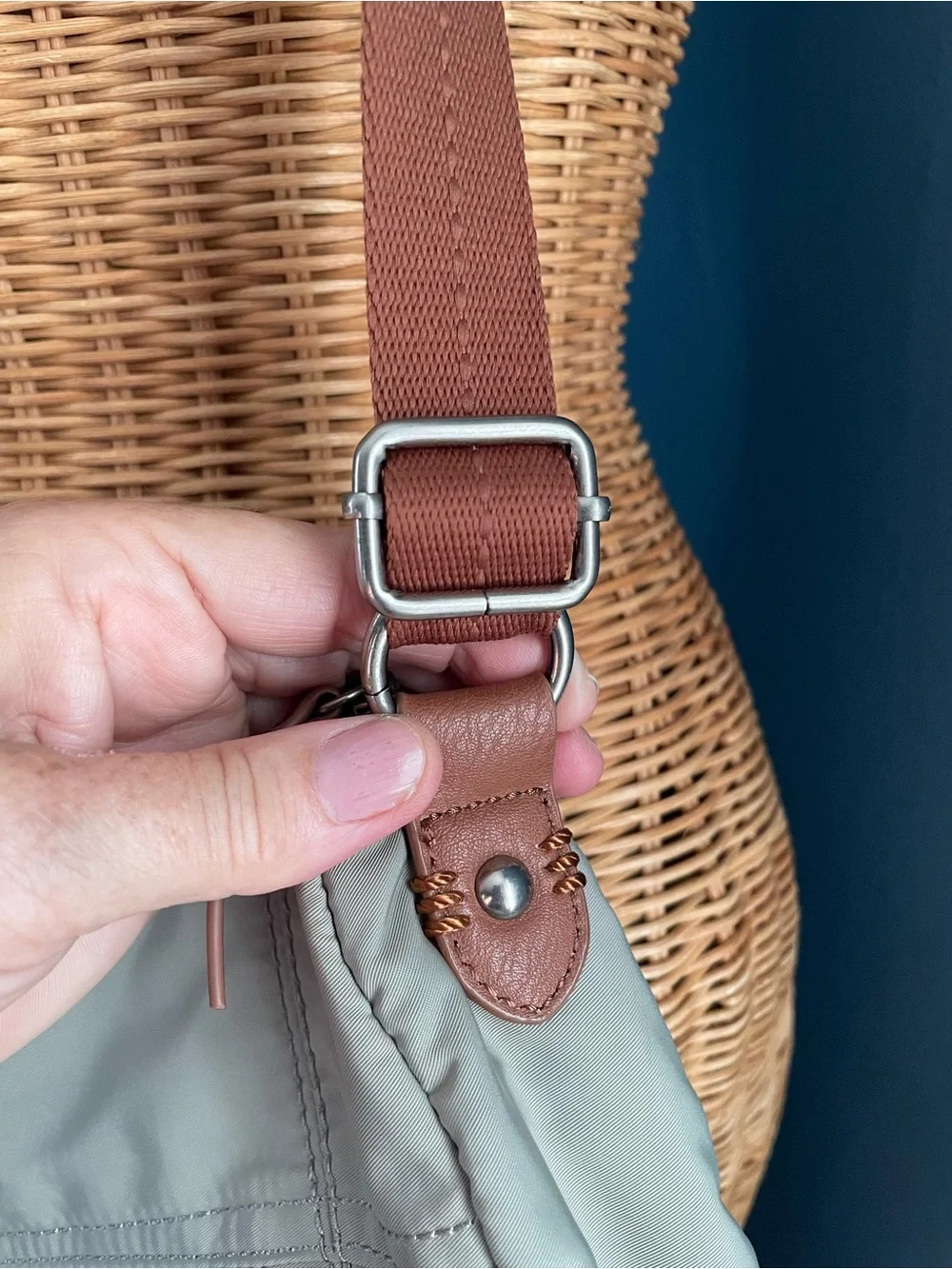 The Sak Esperato Recycled Nylon Hobo Bag Sage Green Canvas Strap EUC